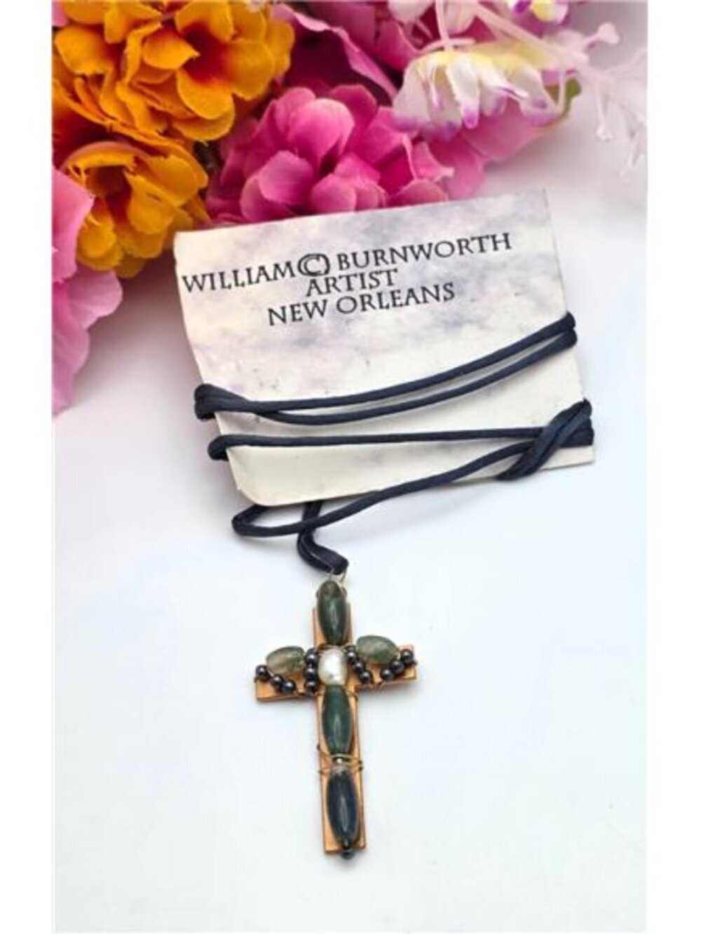 Moss Agate Baroque Pearl Cross Necklace Wire Wrapped Copper Artisan Boho Moss Ag
